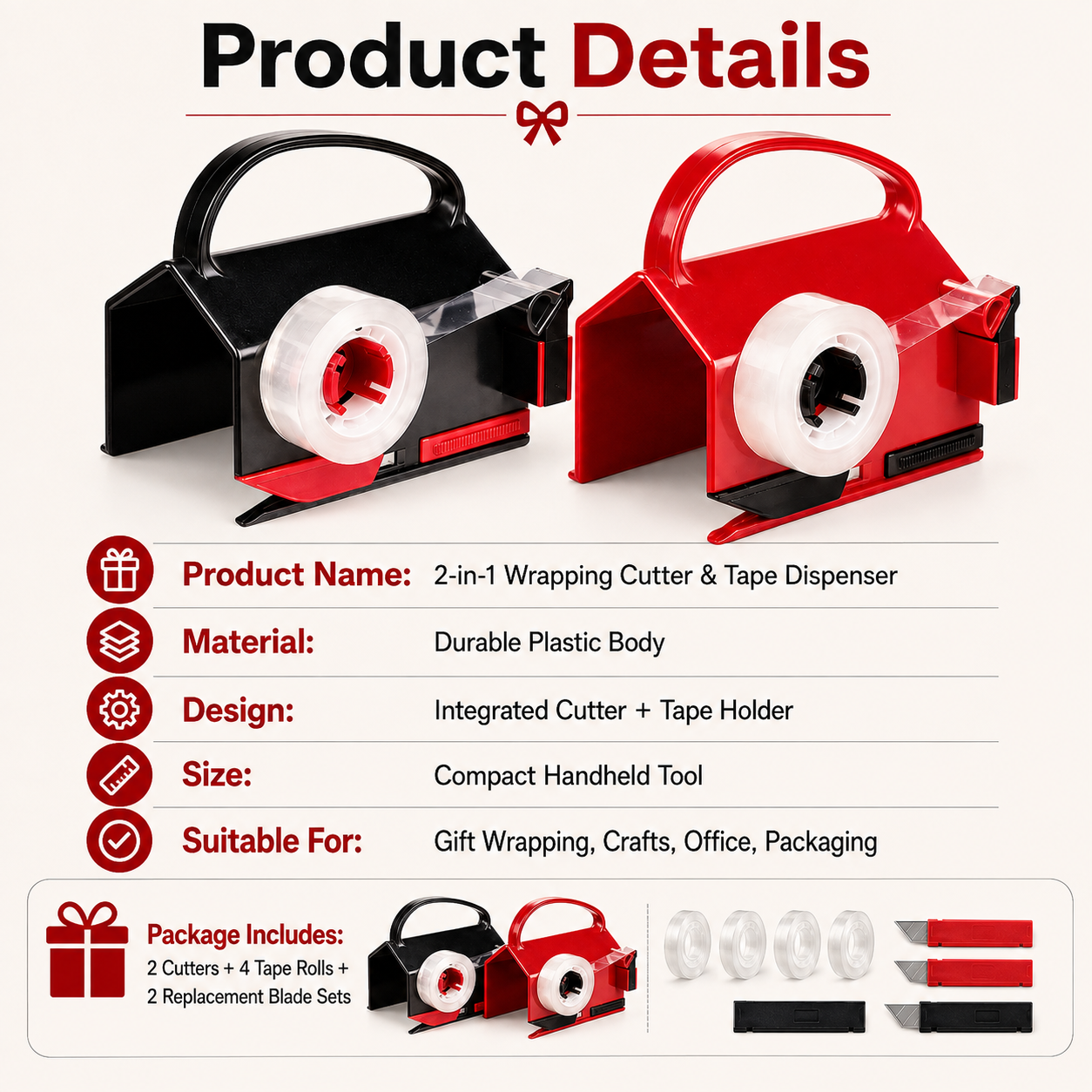 🎁 Buy 1 Get 2 Free – 2-in-1 Wrapping Cutter & Tape Dispenser