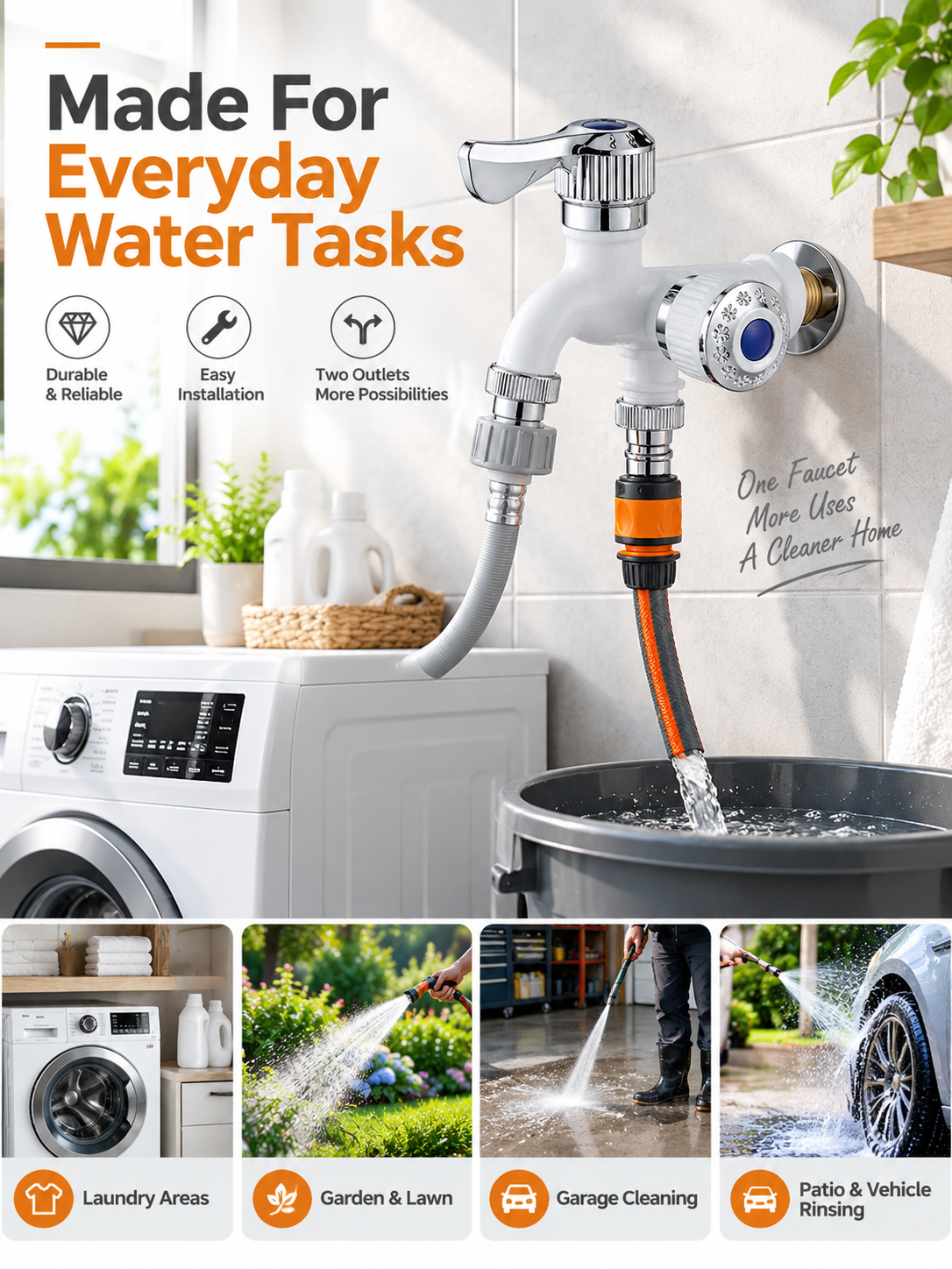 💧 Dual-Outlet Faucet – Two Independent Water Connections for Laundry, Garden & Everyday Cleaning