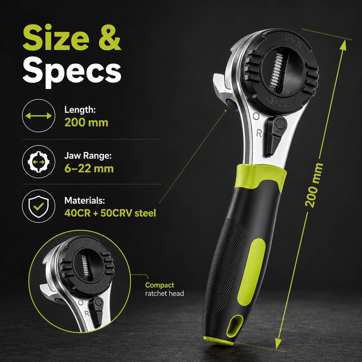 Adjustable ratchet wrench set, suitable for 6-22mm screws