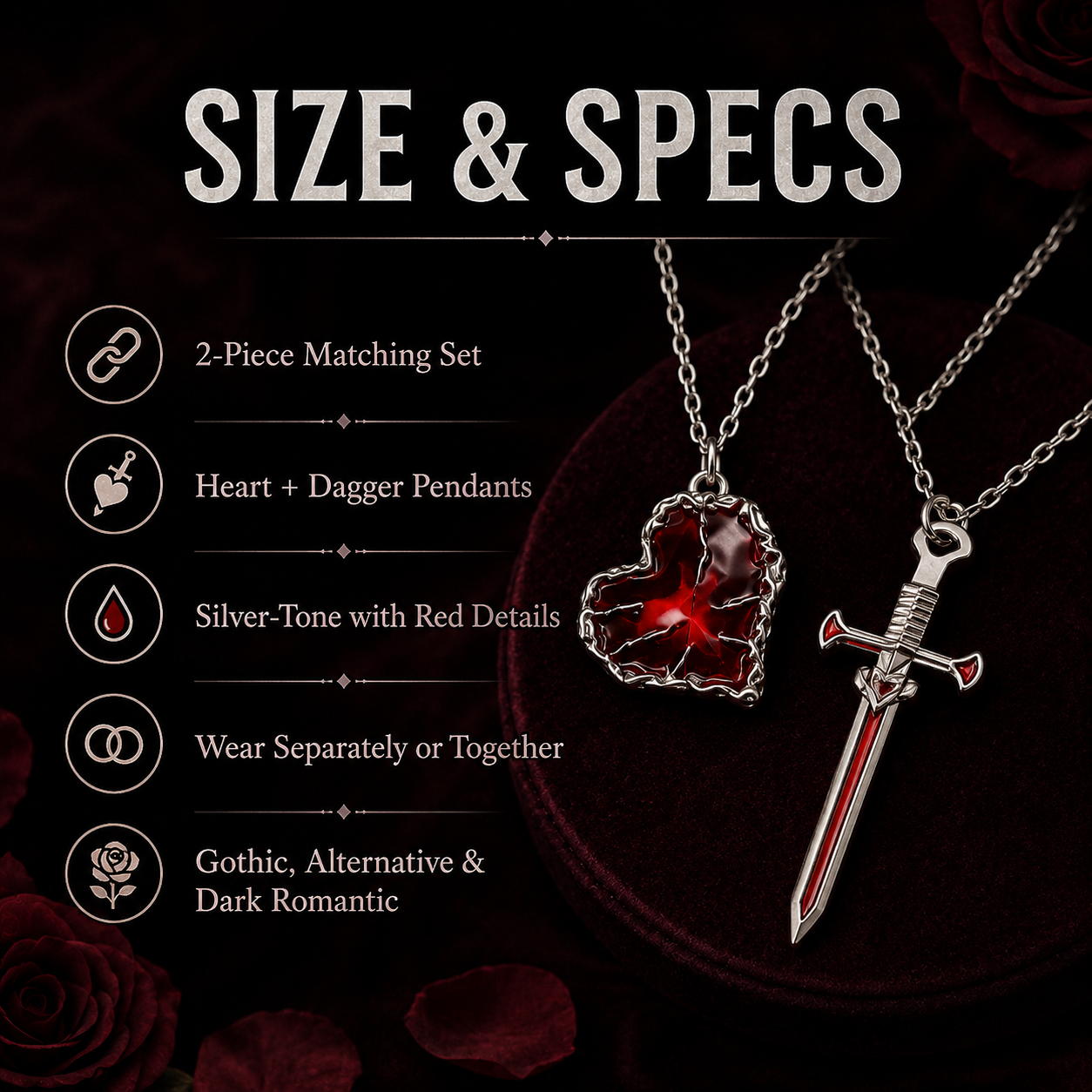 🖤 Heart & Dagger Couple Necklace Set – Two-Piece Gothic Matching Pendants