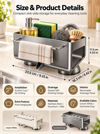 🧽 Auto-Draining Sink Sponge Holder – No-Drill Suction Cup Kitchen Organizer