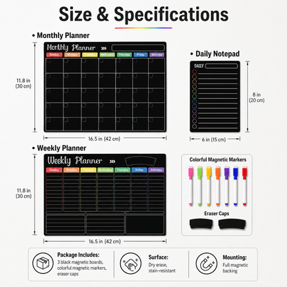 📅 Black Magnetic Dry Erase Boards Set of 3 | Ultimate Fridge Organizer & Planner ✨