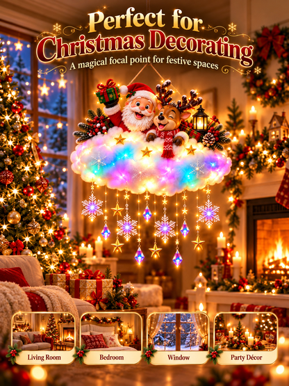 🎄 Angelic Christmas Cloud Light – Magical Santa & Reindeer Hanging Holiday Decoration