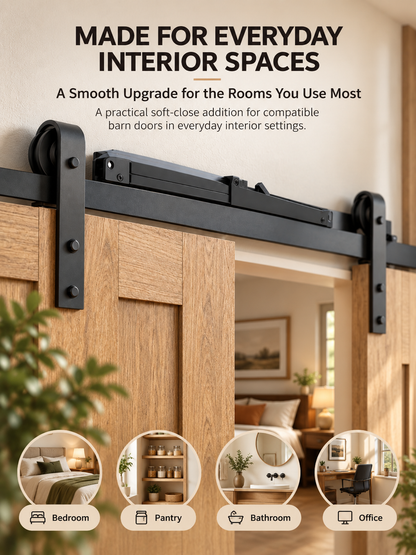 🚪 Barn Door Soft Close Kit – Hidden Anti-Slam Damper Hardware for 88–132 lb Flat Track Sliding Doors