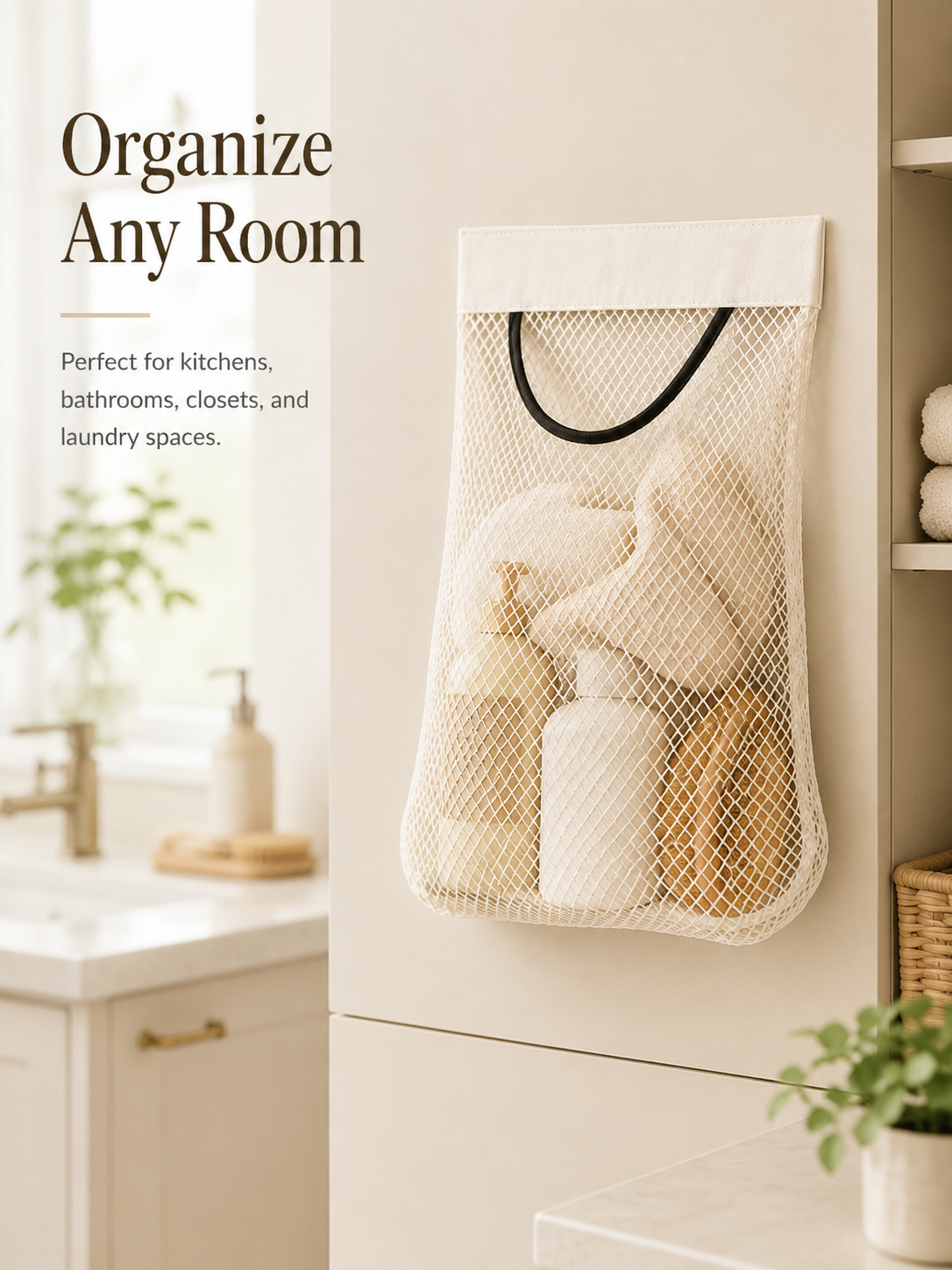 🧺 No-Drill Hanging Mesh Organizer – Self-Adhesive Space-Saving Storage Pouch