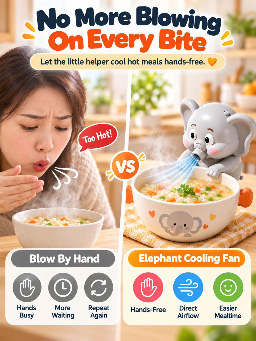 🐘 Hands-Free Food Cooling Fan – Cool Hot Meals Faster Without Blowing