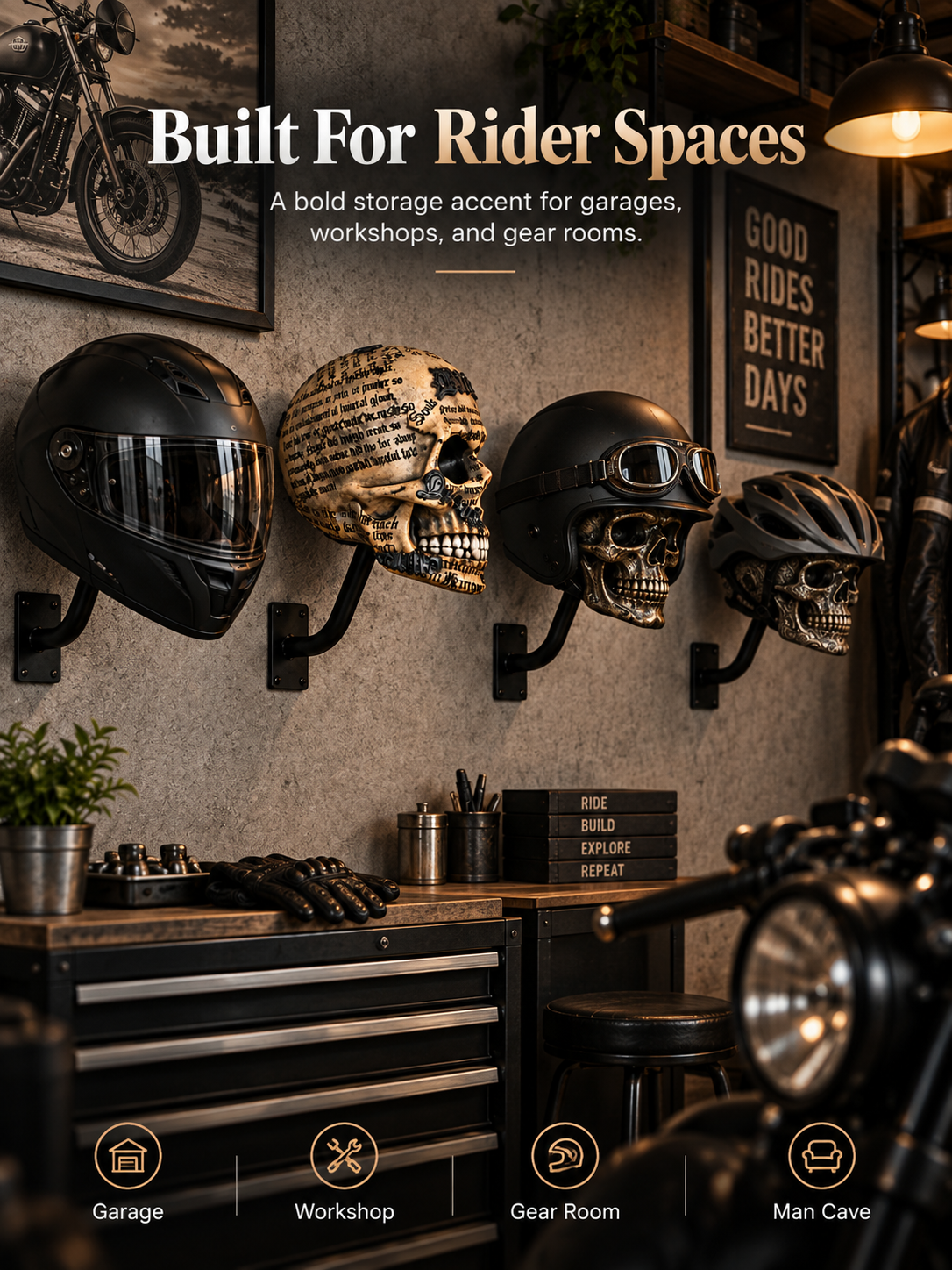 💀 Motorcycle Skull Helmet Holder – Garage Display Wall Mount