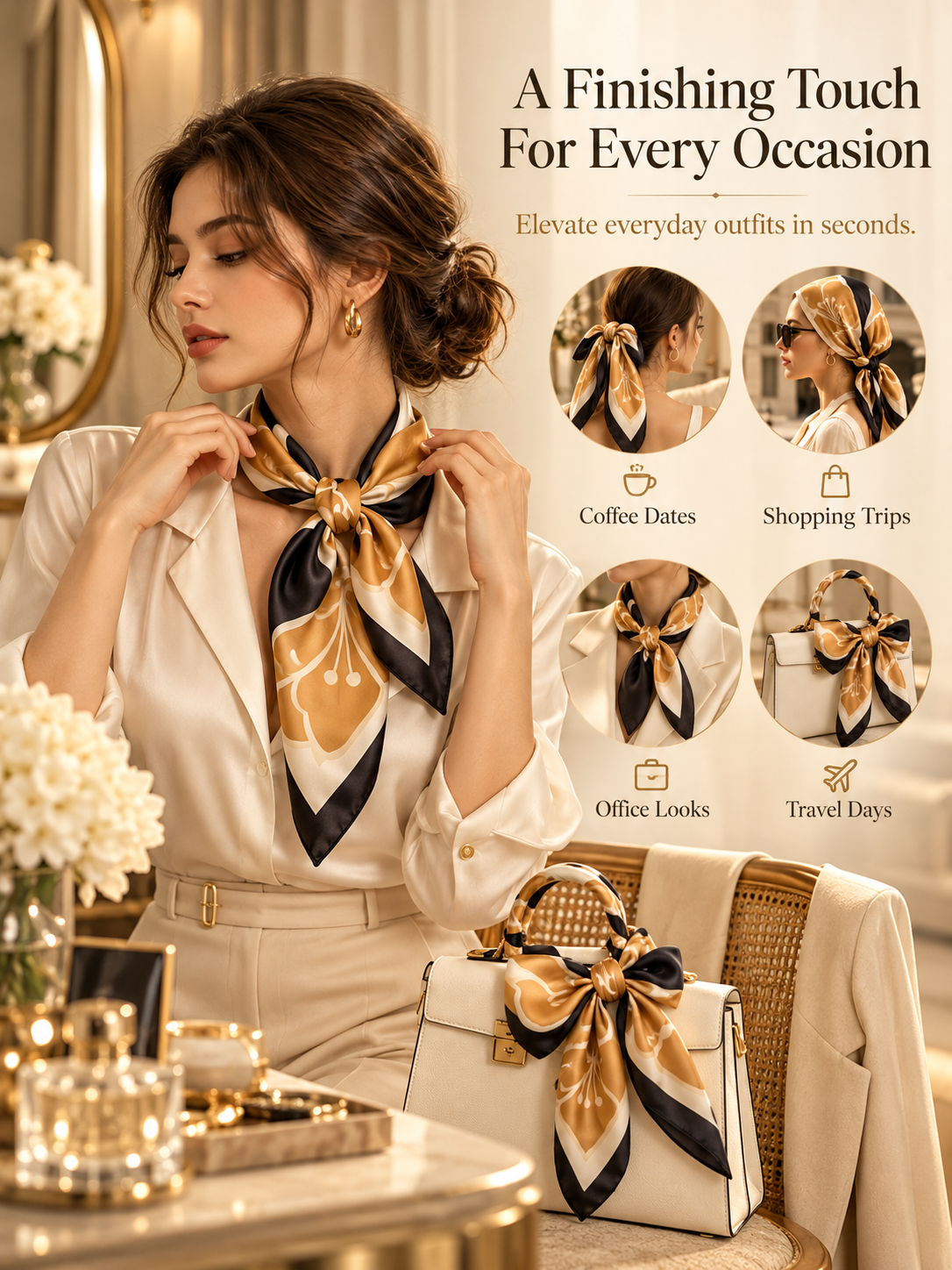 ✨ Satin Square Neck Scarf – Elegant Black & Champagne Fashion Accessory