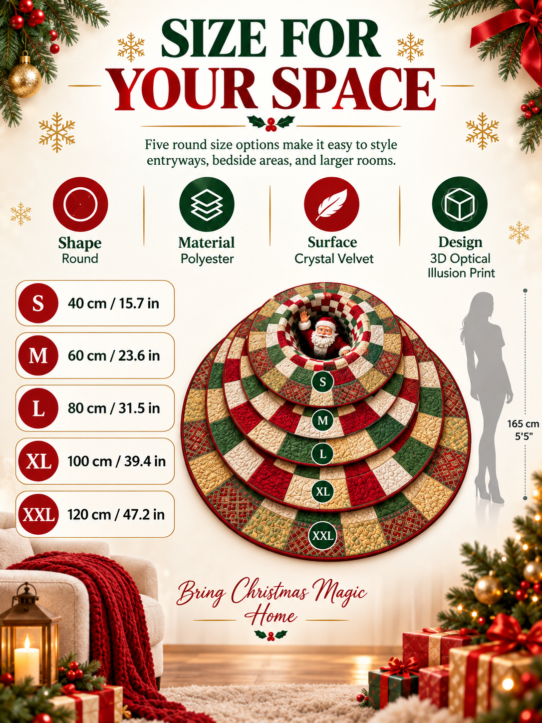 🎄 3D Christmas Optical Illusion Round Rug – Festive Crystal Velvet Holiday Floor Mat