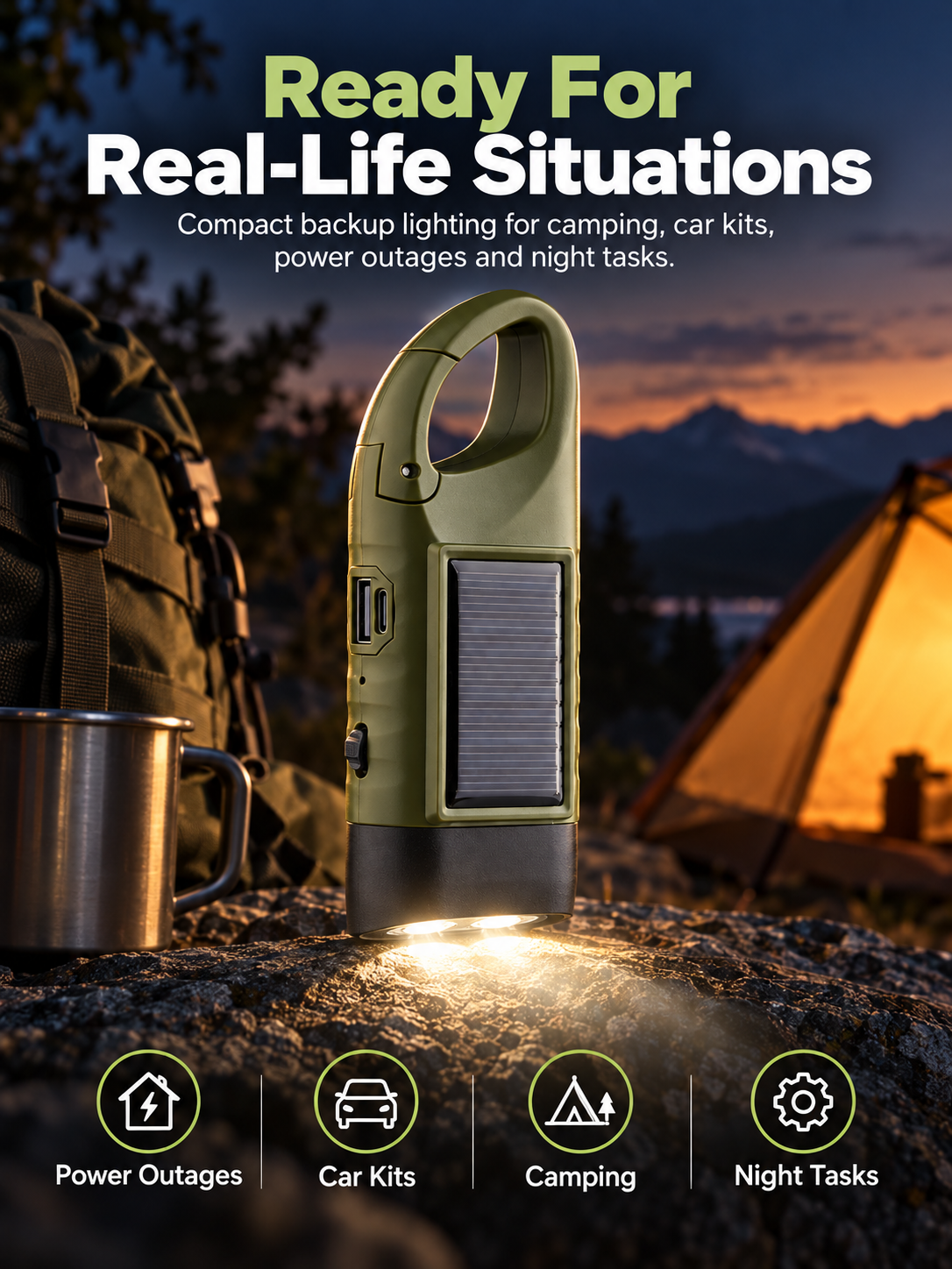🔦 5-in-1 Emergency Hand-Crank Flashlight – Solar & Dynamo Rechargeable Outdoor Light
