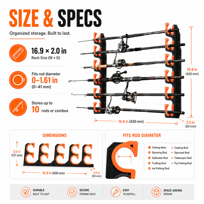 Heavy-Duty 10-Rod Garage Fishing Pole Holder – Wall & Ceiling Mount Organizer
