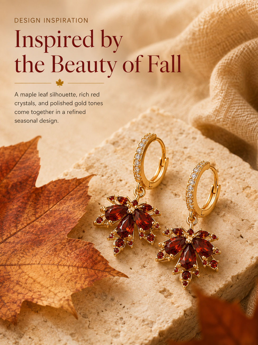 🍁 Autumn Glow: Crystal Maple Leaf Drop Earrings in Gold Finish