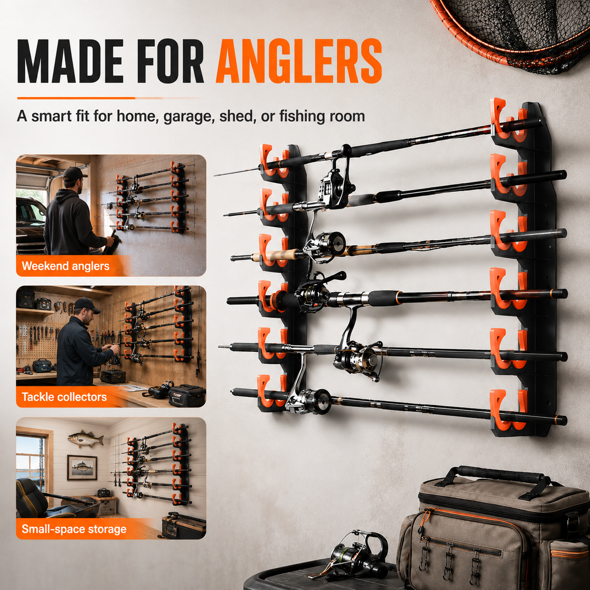 Heavy-Duty 10-Rod Garage Fishing Pole Holder – Wall & Ceiling Mount Organizer