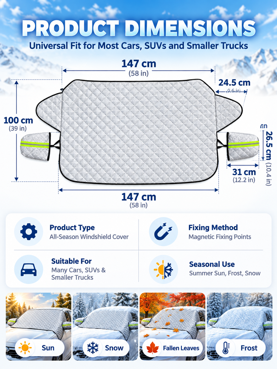 🚗 Magnetic Windshield Cover – All-Season Sun, Snow & Frost Protector for Cars, SUVs & Trucks