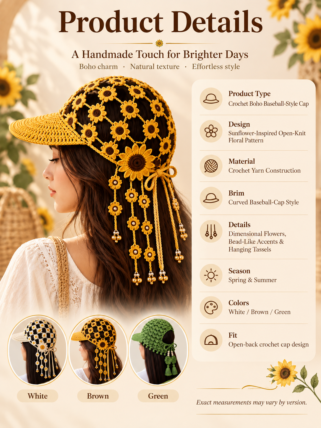 🌻 Handmade-Style Crochet Sunflower Boho Cap – Open-Knit Floral Tassel Baseball Hat