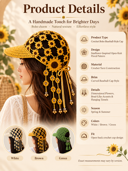 🌻 Handmade-Style Crochet Sunflower Boho Cap – Open-Knit Floral Tassel Baseball Hat