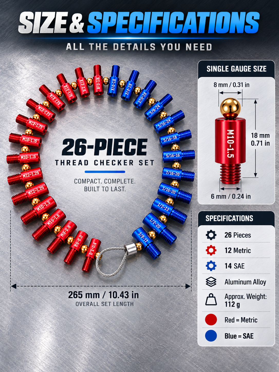 🔩 26-Piece Nut & Bolt Thread Gauge – Metric & SAE Size Checker