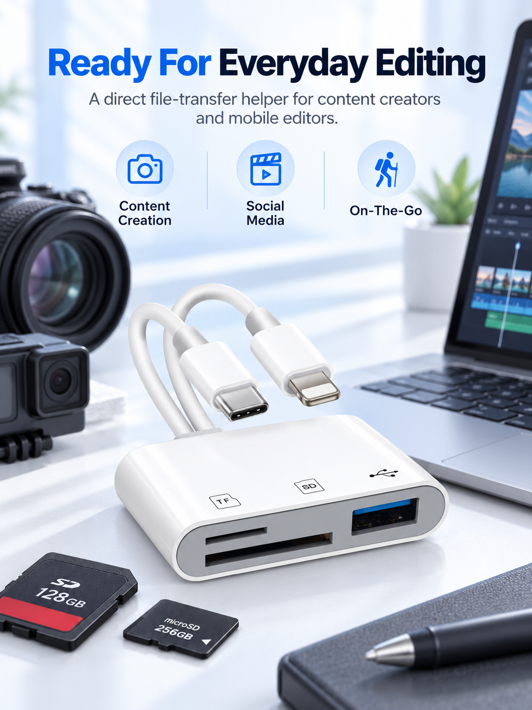 📸 Dual-Cable SD/TF Card Reader & USB OTG Adapter – Type-C Multiport Hub