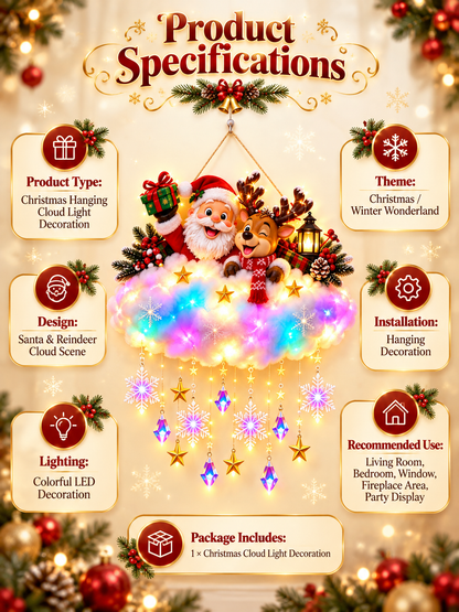 🎄 Angelic Christmas Cloud Light – Magical Santa & Reindeer Hanging Holiday Decoration