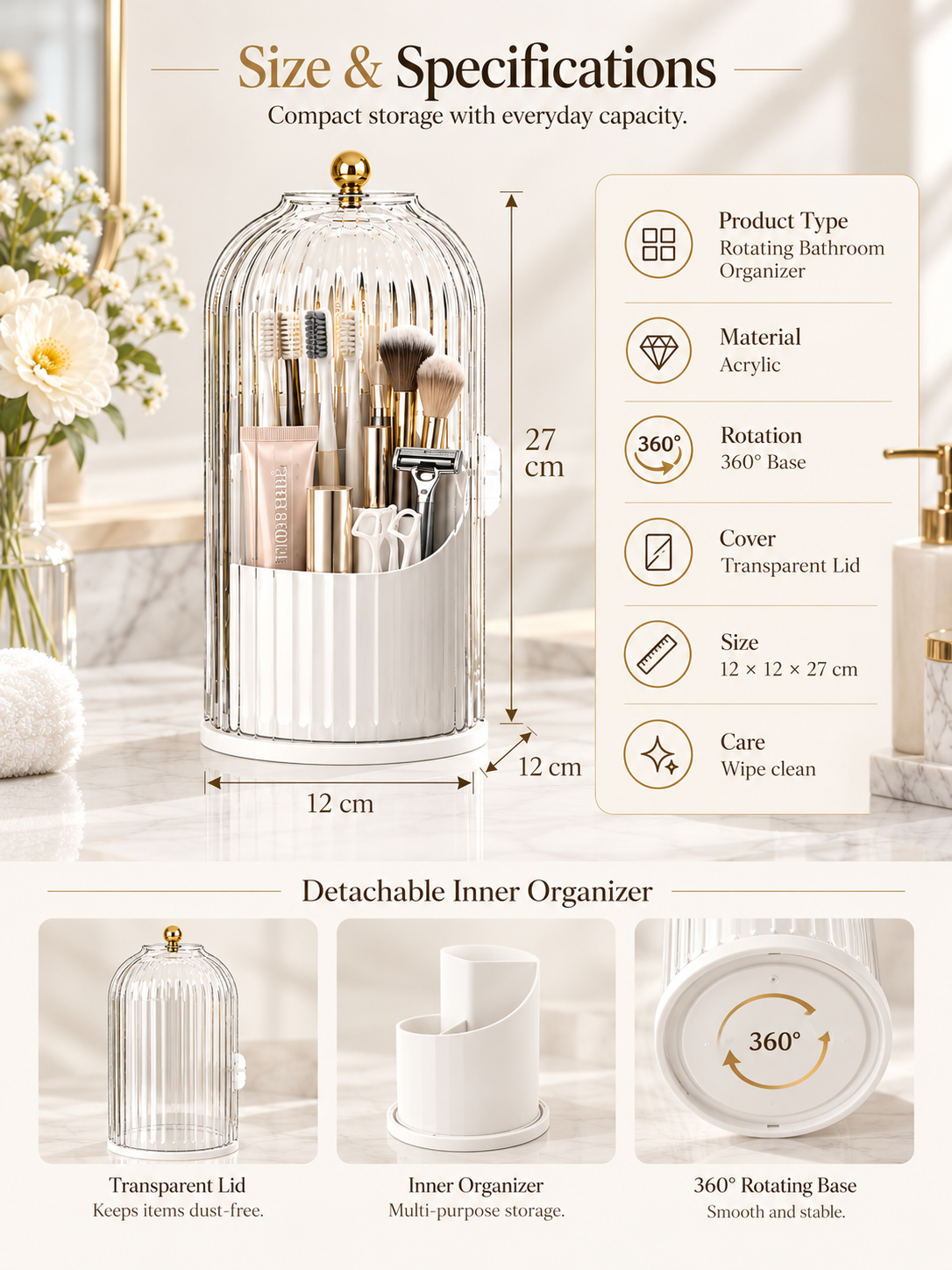 💄 360° Rotating Makeup Brush Organizer – Dustproof Covered Cosmetic Storage Holder