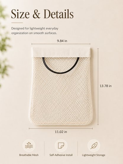 🧺 No-Drill Hanging Mesh Organizer – Self-Adhesive Space-Saving Storage Pouch