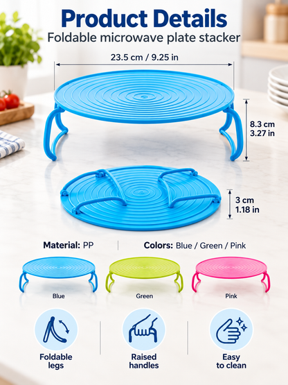 🍽️ Foldable 2-Tier Microwave Plate Stacker – Space-Saving Heating Rack with Side Handles
