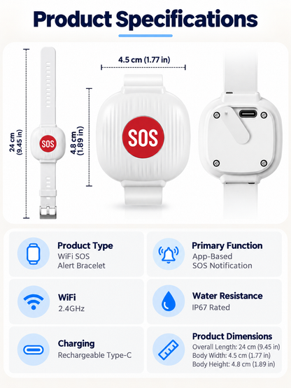 🚨 One-Touch WiFi SOS Alert Bracelet – Instant Family App Notifications, IP67 Water Resistance & Rechargeable Design