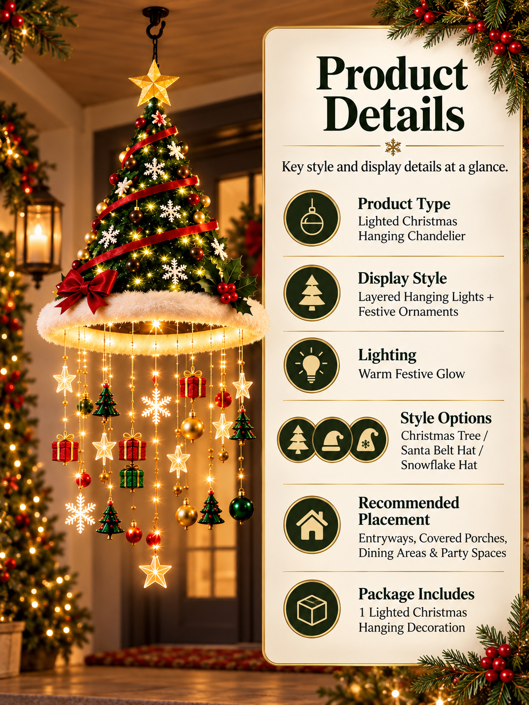 🎄 Lighted Christmas Hanging Chandelier – Tree & Santa Hat Holiday Décor