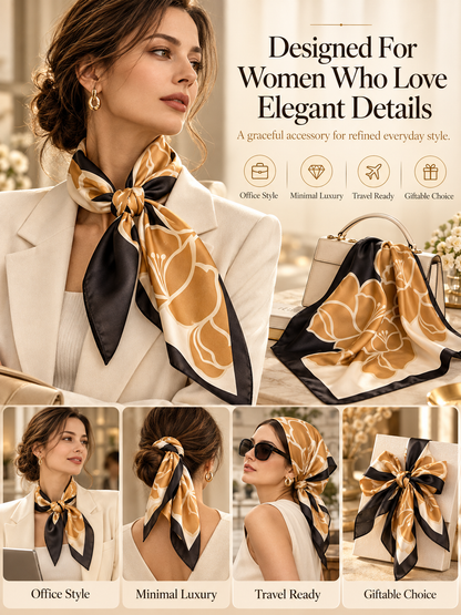 ✨ Satin Square Neck Scarf – Elegant Black & Champagne Fashion Accessory