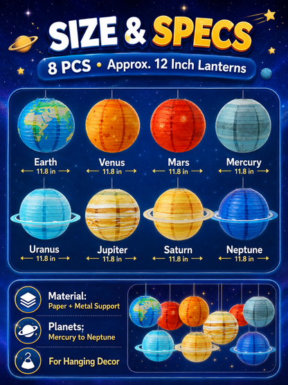 ❤️8pcs Planet Paper Lanterns, 12 Inch Outer Space Party Decorations | Solar System Hanging Planets Lantern, for Kids, Space Theme Party, Birthday Room Decorations