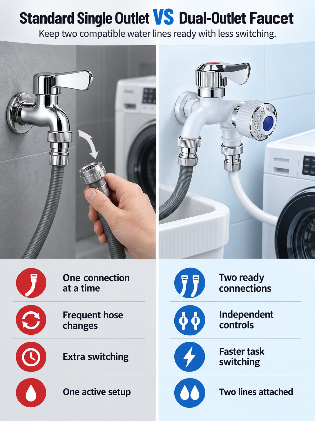 💧 Dual-Outlet Faucet – Two Independent Water Connections for Laundry, Garden & Everyday Cleaning