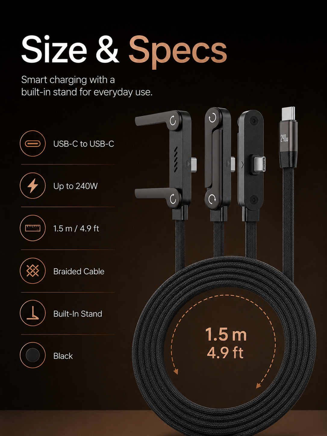 ⚡ 240W USB-C Charging Cable with Phone Stand – 90° Multi-Angle Design