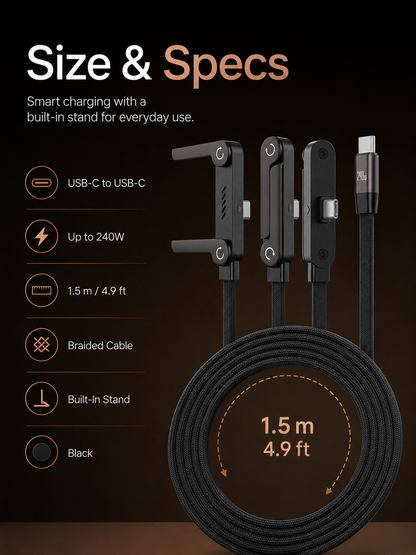 ⚡ 240W USB-C Charging Cable with Phone Stand – 90° Multi-Angle Design