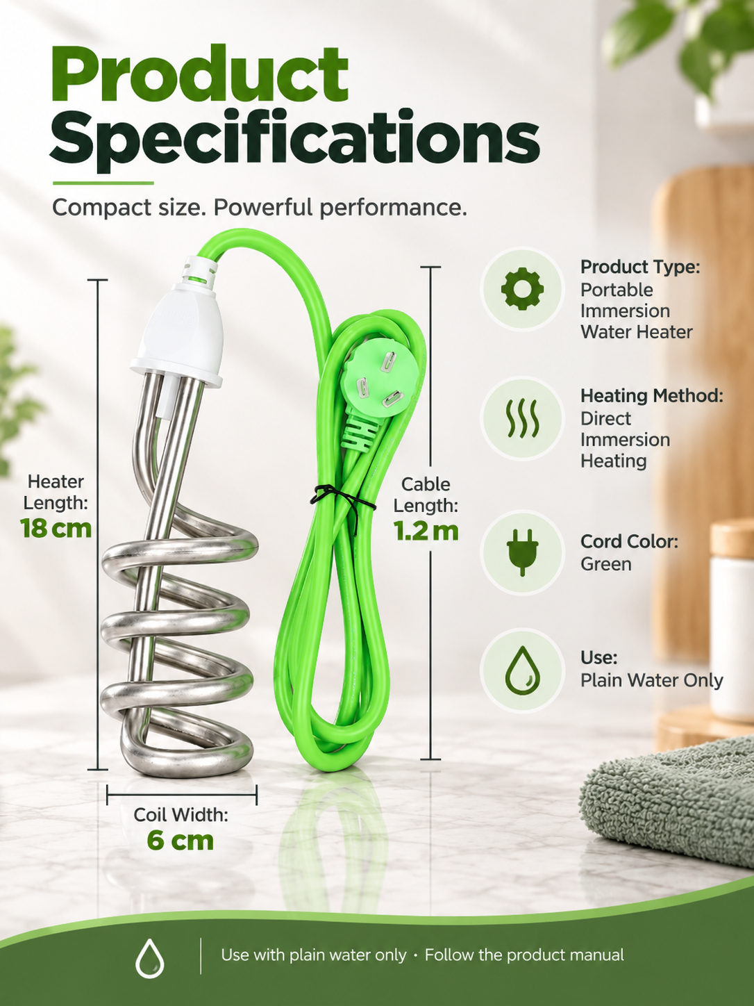 🔌 Portable Immersion Water Heater – Compact Plug-In Design for Small Spaces