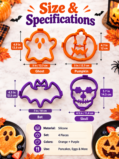 🎃 4-Piece Halloween Pancake Mold Set – Ghost, Pumpkin, Bat & Skull Silicone Shapers