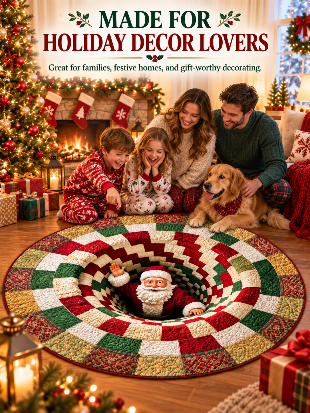 🎄 3D Christmas Optical Illusion Round Rug – Festive Crystal Velvet Holiday Floor Mat