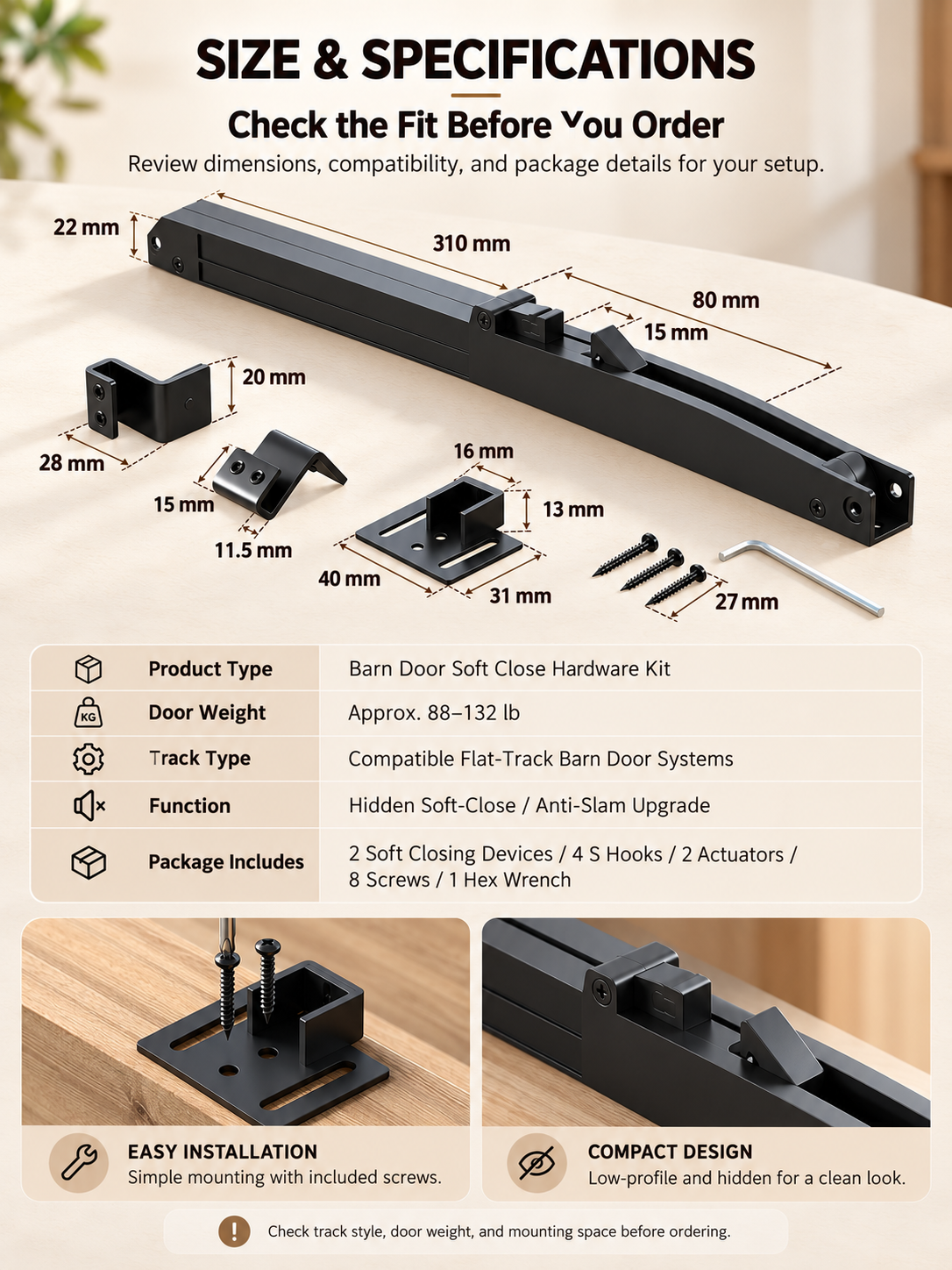 🚪 Barn Door Soft Close Kit – Hidden Anti-Slam Damper Hardware for 88–132 lb Flat Track Sliding Doors