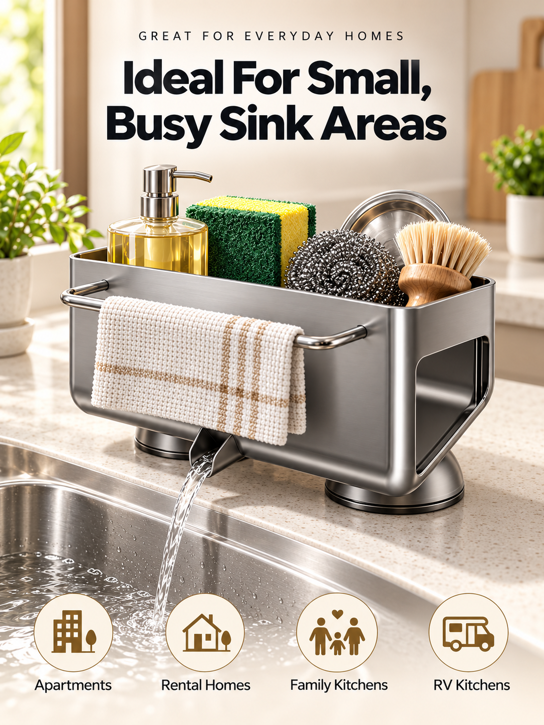 🧽 Auto-Draining Sink Sponge Holder – No-Drill Suction Cup Kitchen Organizer
