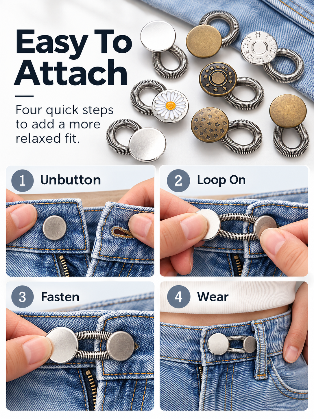 👖 Stretch Waistband Extender – No-Sew Flexible Button for Jeans & Pants