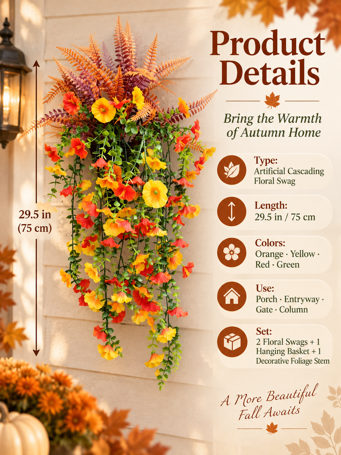 🍂 Cascading Autumn Floral Swag – Lush Fall Porch & Entryway Hanging Décor