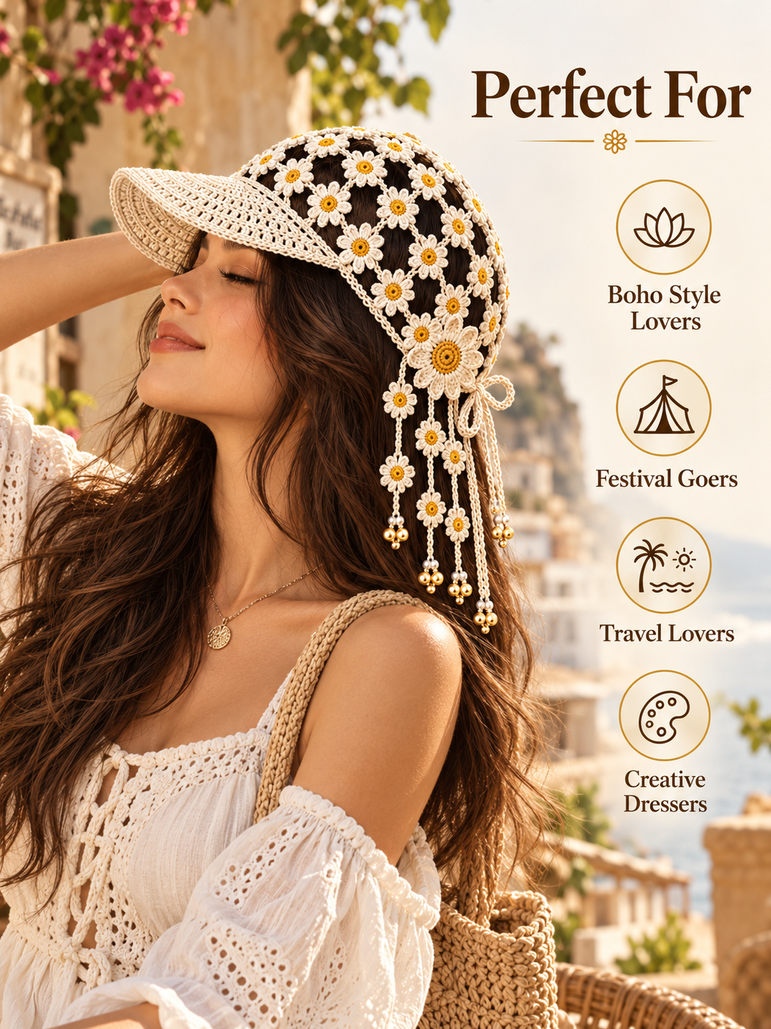 🌻 Handmade-Style Crochet Sunflower Boho Cap – Open-Knit Floral Tassel Baseball Hat
