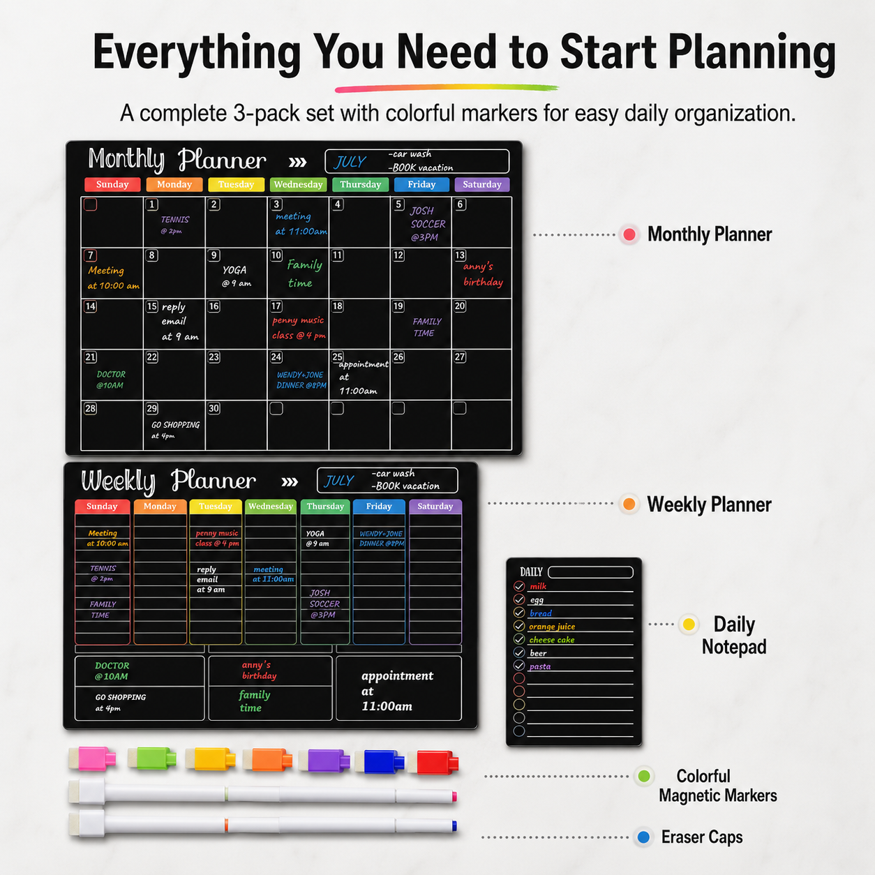 📅 Black Magnetic Dry Erase Boards Set of 3 | Ultimate Fridge Organizer & Planner ✨