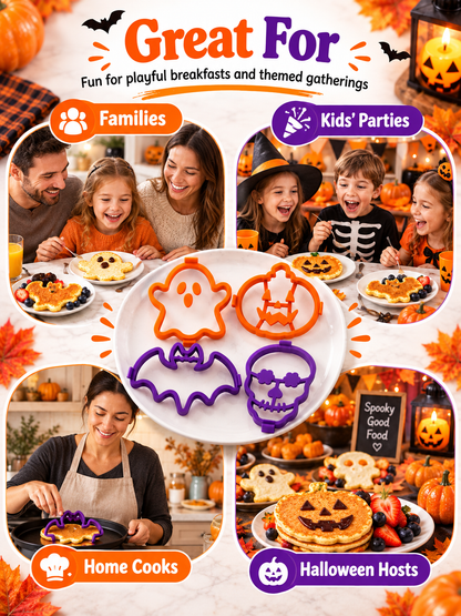 🎃 4-Piece Halloween Pancake Mold Set – Ghost, Pumpkin, Bat & Skull Silicone Shapers