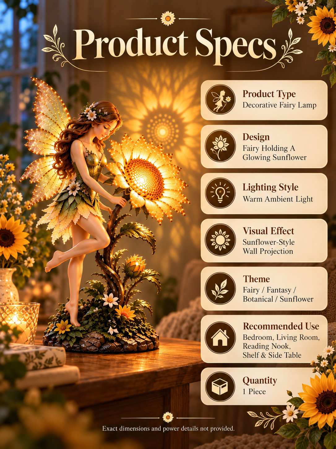 🧚 Enchanted Sunflower Fairy Lamp – Warm Glow Fantasy Table Decor