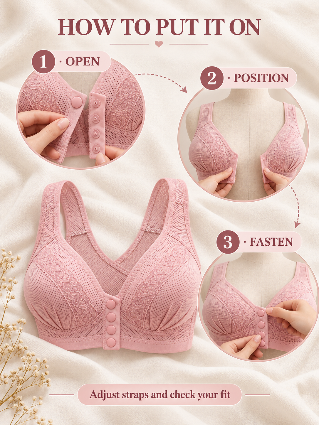 🌸 Wireless Front-Closure Bra – Wide Straps & Full Coverage