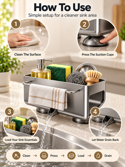 🧽 Auto-Draining Sink Sponge Holder – No-Drill Suction Cup Kitchen Organizer