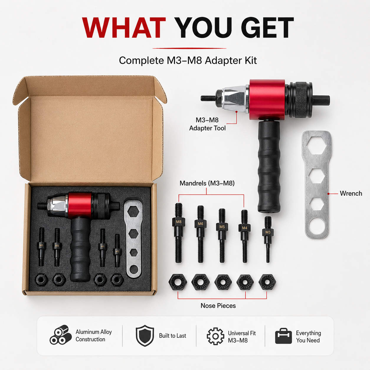 🔩Cordless Electric Rivet Gun Adapter Kit for Power Drill | Fits M3–M8 Rivets