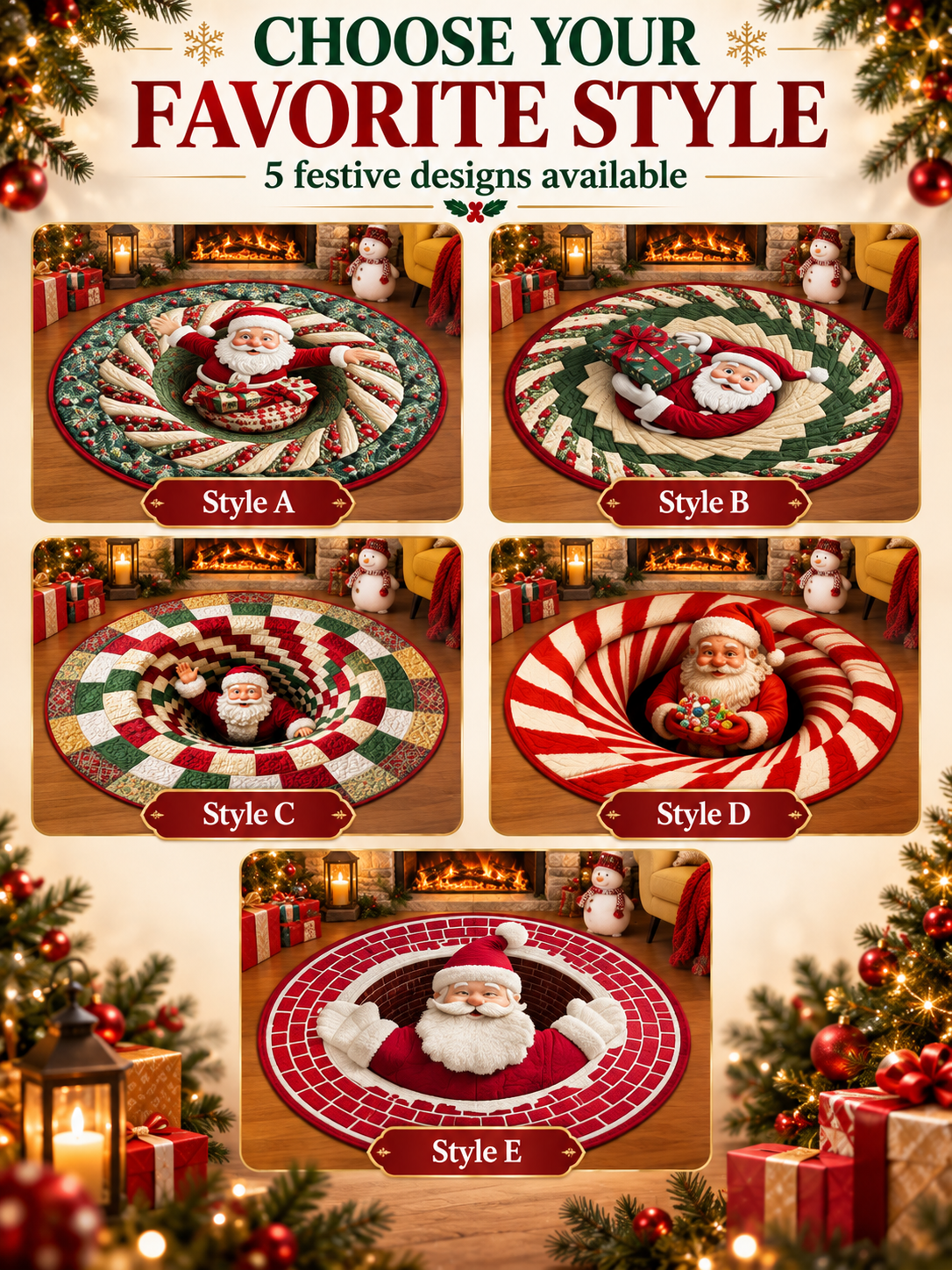 🎄 3D Christmas Optical Illusion Round Rug – Festive Crystal Velvet Holiday Floor Mat