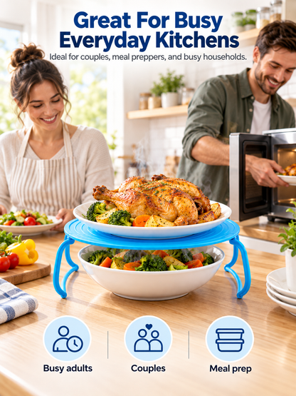 🍽️ Foldable 2-Tier Microwave Plate Stacker – Space-Saving Heating Rack with Side Handles