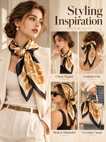 ✨ Satin Square Neck Scarf – Elegant Black & Champagne Fashion Accessory